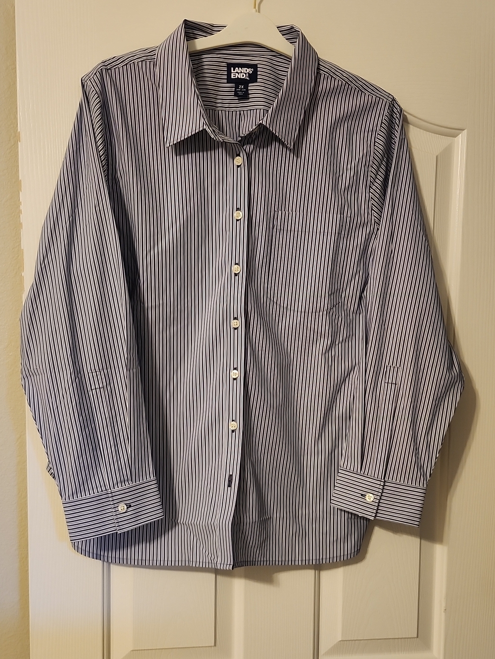 Lands' End Navy and White Striped Dress Shirt